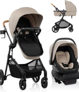 Evenflo Pivot NXT Travel System with LiteMax NXT Preemie and Infant Car Seat | 6 Modes of Use, Rear-Facing Lightweight Car Seat for Infants & Preemie 3-30 lbs, Stroller up to 50 lbs (Latte Tan)