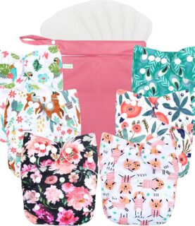 wegreeco Cloth Diapers 6 Pack with 6 Inserts & 1 Wet Bag, Washable Cloth Diapers for Babies, One Size Adjustable Reusable (Flower)